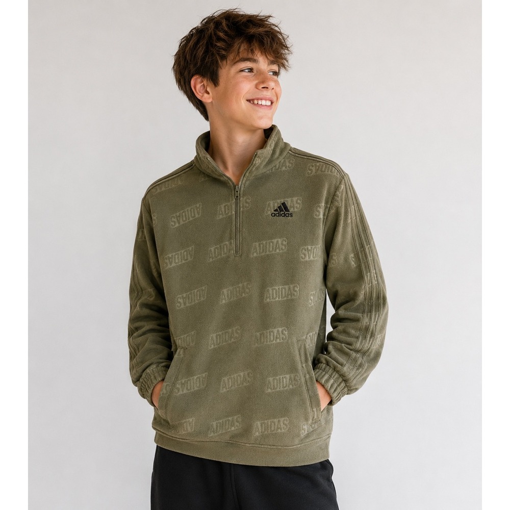Adidas Boys Fleece Pullover‎ Jacket Size M Olive Green Quarter Zip Sweatshirt